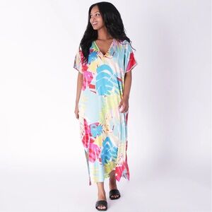 NWT Natori Sz M Bora Bora Satin Mumu Tropical Colorful Beach Cover Up Maxi Dress